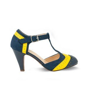 Navy/Yellow T-Strap Two Tone Women's Retro Heels